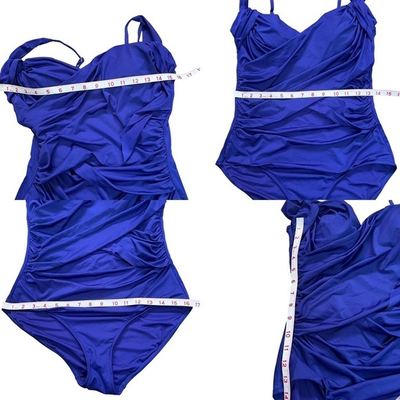 Badgley Mischka Wide Strap Draped Front One-Piece Swimsuit Cobalt Blue Small - Picture 8 of 15